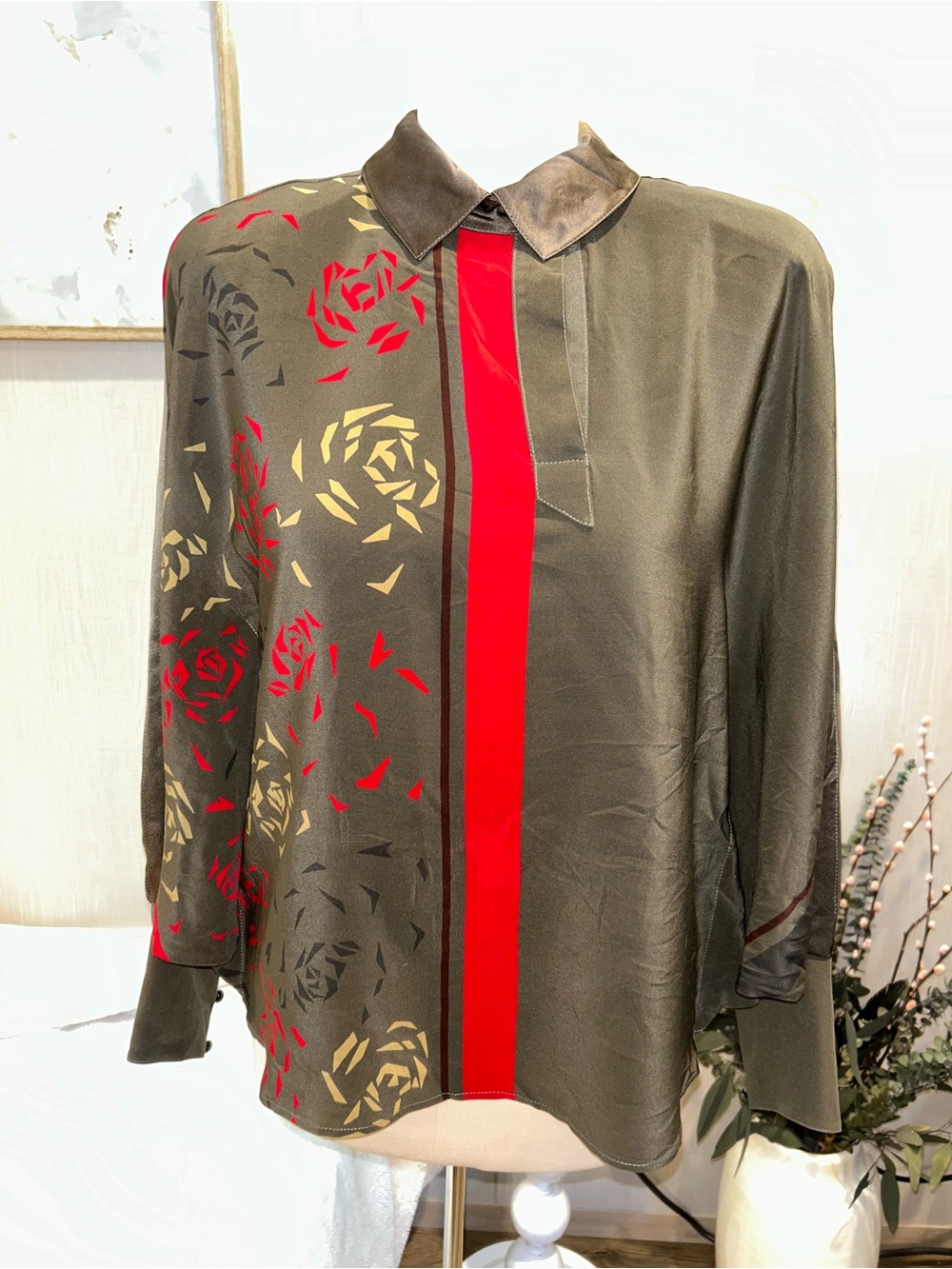 Vintage GENNY 100% Silk Blouse Made In Italy Abstract Rose Asymmetric Shirt
